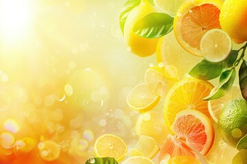 Sticker - Vibrant and refreshing fresh citrus burst bokeh background with slices of lemons. Oranges. Limes. And grapefruits. Perfect for summer. Healthy diet