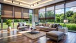 © Wanlop - Modern interior featuring motorized roller blinds, automatic solar shades, and electric sunscreen curtains, exuding smart home technology and relaxation ambiance.
