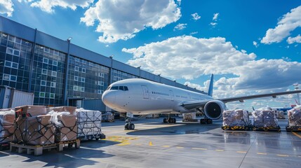 A white passenger plane parked outside a hangar with cargo containers in the foreground.  The sky is blue with white clouds.