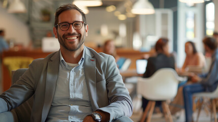 Sticker - Happy business man in a co-working office, colleagues in the background.