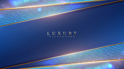 Wall Mural - Blue Luxury Background for Presentation, Cosmetic or Product Cover Banner, with Diagonal Golden Lines, Decorations, and Glitter Light Effects.