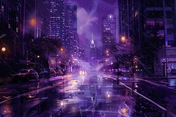 Poster - Digital art of a vibrant city street at night, highlighted by neon lights and wet surfaces