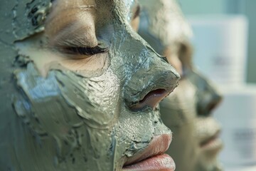 Poster - Side view of a serene woman with a refreshing green clay mask applied to her face for skincare