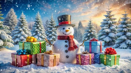 Frosty snowman standing alone surrounded by colorful carefully wrapped winter holiday presents in a serene snowy winter wonderland scene.