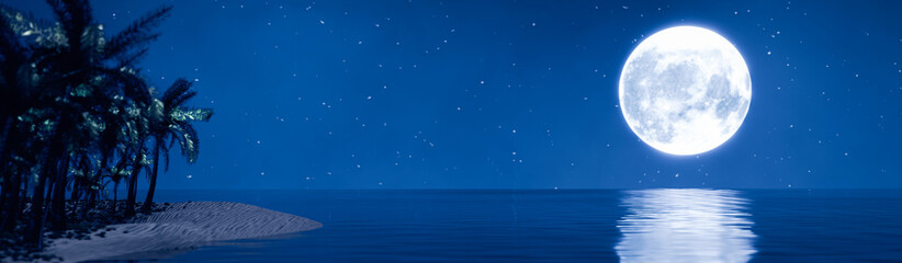 Wall Mural - Astronomical Phenomenon the Blue light  full moon is reflected in the sea. The shadow of the island in the ocean The sky has many stars. Ripples on the sea at night.3D Rendering..