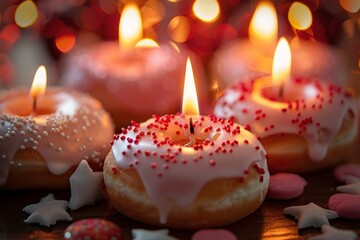 Sticker - Warm holiday ambiance with lit candles on decorated donuts amidst twinkling lights