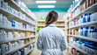 © Albaloshi - doctor in a white lab coat, examining a shelf of medicine bottles in a well-lit pharmacy