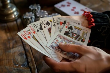 Poster - Closeup view of a player's hand revealing a royal flush in a poker game on a wooden table