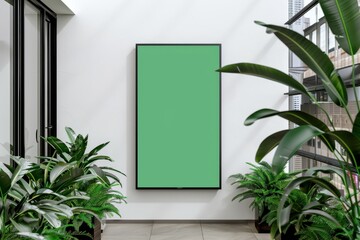 Modern indoor plant display with vertical digital frame. Beautiful greenery and natural elements enhance the minimalist interior design.