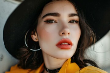 Sticker - Closeup of a stylish young woman with a captivating look, wearing a black hat and bold makeup