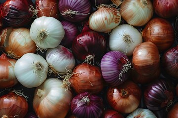 Sticker - Assorted fresh onions in a colorful variety, including red, white, and yellow, on a rustic kitchen background top view flat lay photography