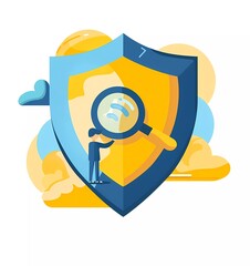 Wall Mural - Flat design vector icon of security, shield with magnifying glass and person holding an angle. Painting on canvas with cloud background,