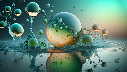 Wall Mural - Transparent water sphere reflecting surroundings, floating in water with bubbles. Close-up of water spheres and ripples on a pool’s surface. cosmetic essence glittering molecule bubble.