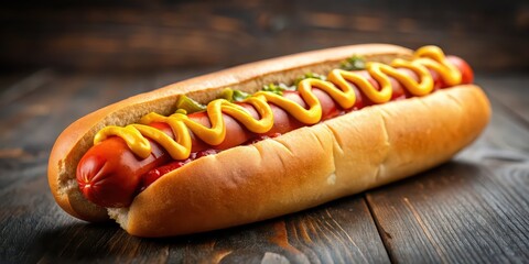 Poster - Delicious hot dog loaded with ketchup and mustard, food, fast food, American, meal, snack, bread, sausage, condiments