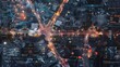 © InfiniteFlow - Aerial view of a city with digital navigation overlays. Top down aerial view of road traffic transportation in city life. Smart city and technology concept for design. Architectural concept. AIG53F.