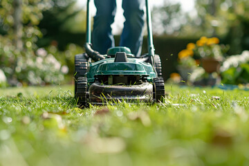 Spring season sunny lawn mowing in the garden. Lawn blur with soft light for background.