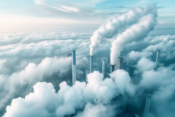 Wall Mural - Aerial view of industrial factory chimneys emitting smoke through dense clouds, highlighting the environmental impact of pollution.