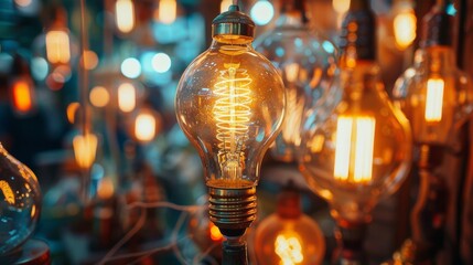 Wall Mural - Close-up of glowing vintage light bulbs with bokeh