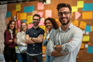 cohesive group of business people and planners work collaboratively as a team in the office, demonstrating seamless connectivity in their process and shared knowledge.