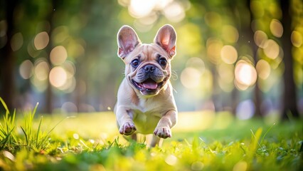 Canvas Print - Playful french bulldog puppy running in the park , french bulldog, puppy, dog, park, running, playful, cute, pet, outdoor, purebred