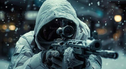 Wall Mural - Soldier Aiming Rifle in Snowy Winter Landscape