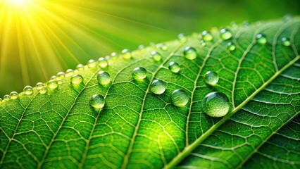 Poster - Green leaf with water droplets shining in the sunlight, nature, close up, plant, foliage, green, environment, fresh, organic