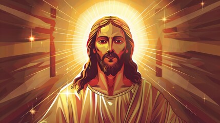 Wall Mural - A detailed portrait of Jesus Christ with Divine Mercy rays, standing in front of a cross. 