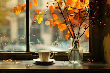 Wall Mural - Warm fall ambiance with cup of coffee and colorful leaves on a rainy day