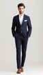 © Steveandfriend - A confident man in a sharp navy blue suit, white shirt, and brown shoes stands against a grey background.