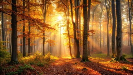 Wall Mural - Foggy autumn forest illuminated by sunset light, autumn, foggy, forest, sunset, light, trees, nature, peaceful, tranquil, misty