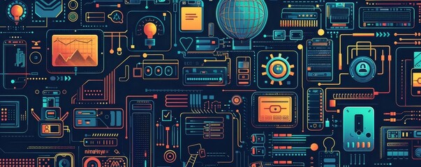 Cybersecurity protocols flat design top view tech industry theme cartoon drawing colored pastel