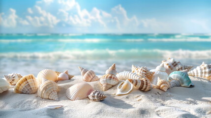 Canvas Print - many shells and starfish on white sand with beautiful ocean background