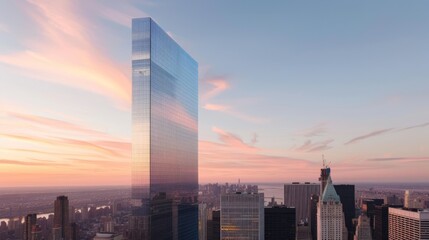 A sleek modern skyscraper with reflective glass windows towering over a bustling city surrounded by a mix of historical brownstone buildings and contemporary offices under a vibrant colorful sunset sk