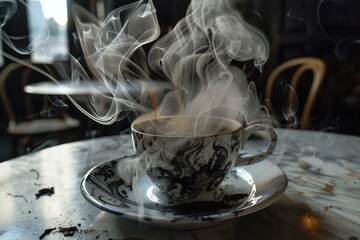 Poster - Elegant coffee cup with rising steam on an old, wooden table