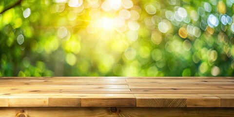 Wall Mural - Empty tabletop with natural bokeh background for product showcasing, wooden, blank, space, surface, rustic, table, empty