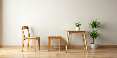 Sticker - Simple wooden chair and table in a cozy room , furniture, interior design, home decor, minimalism, rustic, cozy, wooden, chair