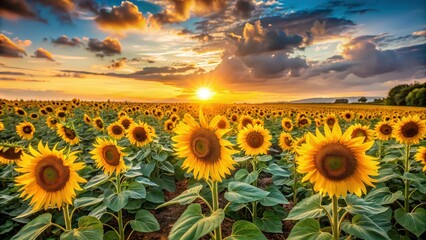 Poster - Sunflowers in a beautiful sunset setting, sunflowers, sunset, nature, evening, yellow, blossoms, field, vibrant, tranquil