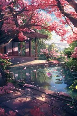 Wall Mural - An anime scene of a hanok with a serene pond and flowering trees, where sunlight sparkles on the water and petals float gently.