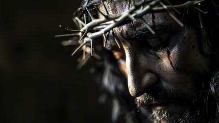 Wall Mural - An artistic portrait of Jesus Christ with a crown of thorns, conveying deep emotion. Minimalist stock photo --ar 16:9 --style raw Job ID: 0b0276e8-6266-486b-b246-600e9756ab50