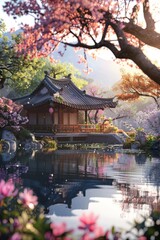 Poster - An artistic depiction of a hanok by a pond, surrounded by blooming flowers and trees, with sunlight streaming in.