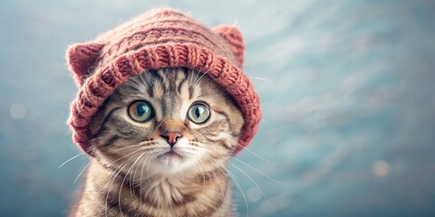 Sticker - Cute little cat wearing a cozy cap, feline, kitten, adorable, hat, stylish, pet, animal, cute, small, cozy, cap, domestic