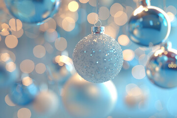 3D rendering Hanging white blue christmas balls background  light and flare. .