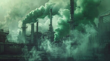 A factory emitting green smoke symbolizing the shift towards sustainable manufacturing and reducing industrial pollution..