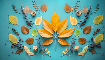 Wall Mural - autumn leaves background Yellow leaf among fall leaves and cones, Close-up of colorful autumn leaves, Fall leaves and pine cones against a blue sky, Colorful autumn leaves on a colorful background