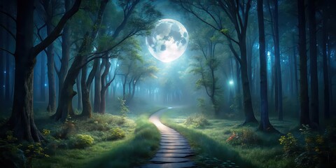 Poster - Moonlit Pathway in a dark forest with soft glow from the moon illuminating the winding path, moonlight, pathway, forest