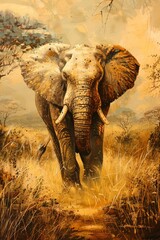 Canvas Print - An elephant with wise human features walks through the savanna, embodying memory and intelligence.