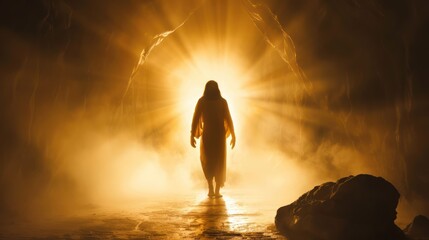 Wall Mural - A powerful depiction of Jesus Christ rising from the tomb, surrounded by rays of divine light. 