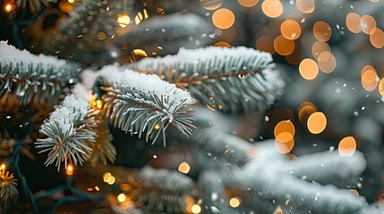 Wall Mural - xmas tree with snow decorated with garland lights, holiday festive background