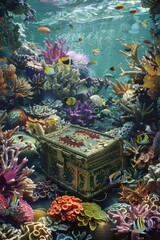 Wall Mural - An intricate 3D underwater scene with colorful coral reefs, exotic fish, and a sunken treasure chest.