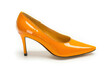 © kristina - Sleek and glossy orange high heel shoe, showcasing bold fashion and modern design, perfect for adding a pop of color to any outfit, against a white background.